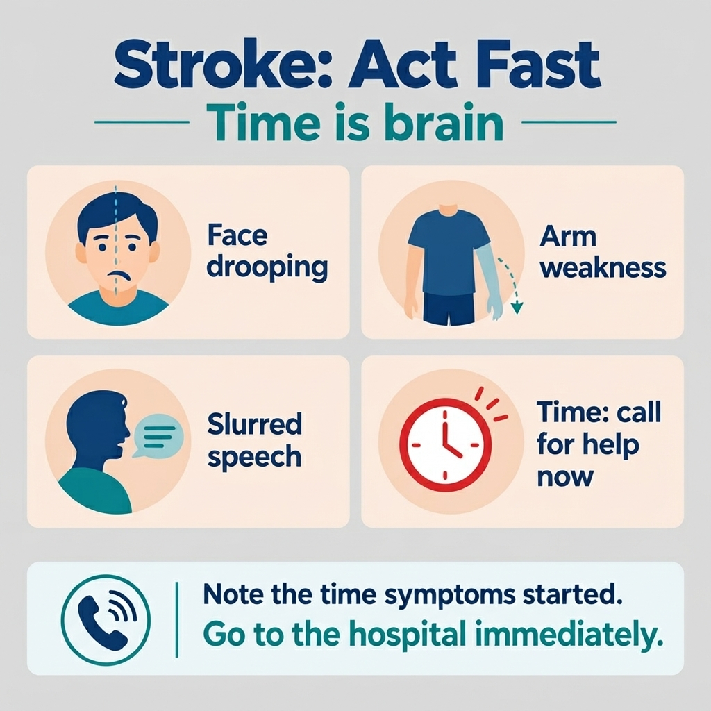 Stroke warning signs: face drooping, arm weakness, slurred speech, and noting the time symptoms started